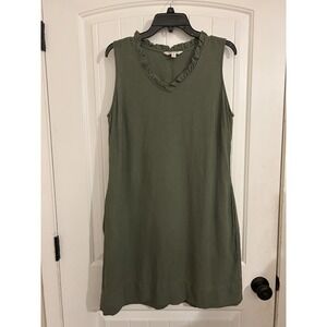 Briggs Women's Ruffle V-Neck Linen Blend Dress • Olive Size M